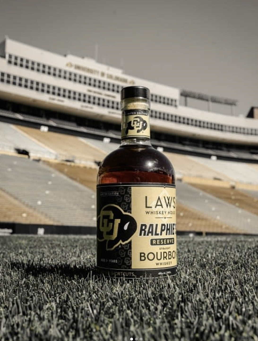 Laws Whiskey Ralphie's Reserve bourbon on the CU football field
